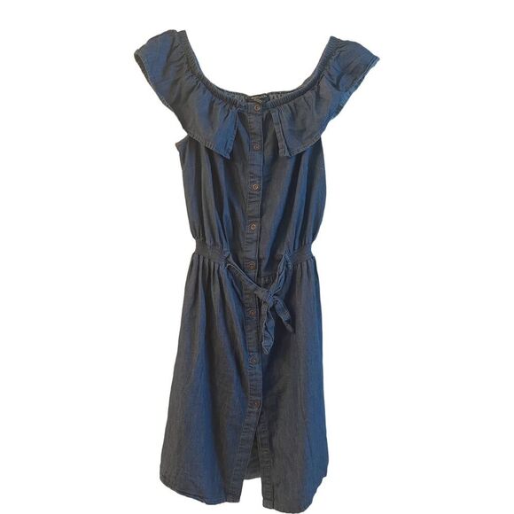 Juniors Medium Denim Button Up Dress with Cap Sleeves - Picture 1 of 4